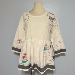 Holding Horses White Cotton Blouse with Colorful Embroidery Boho Hippie